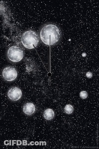 A Black And White Photo Of A Clock With Moons In It GIF