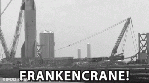 A Black And White Photo Of A Construction Site With The Words Frankencrane Written In White Letters . GIF