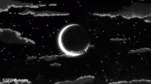 A Black And White Photo Of A Crescent Moon In A Night Sky GIF