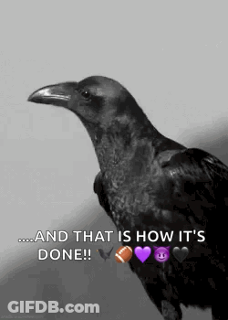 A Black And White Photo Of A Crow With Emojis Around Its Neck And The Words `` And That Is How It 'S Done ! '' GIF