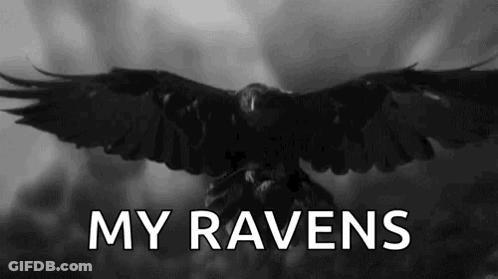 A Black And White Photo Of A Crow With Its Wings Spread And The Words `` My Ravens '' Written Below It . GIF
