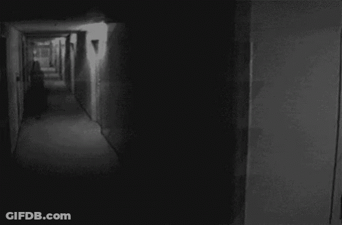 A Black And White Photo Of A Dark Hallway With A Person Walking Down It GIF