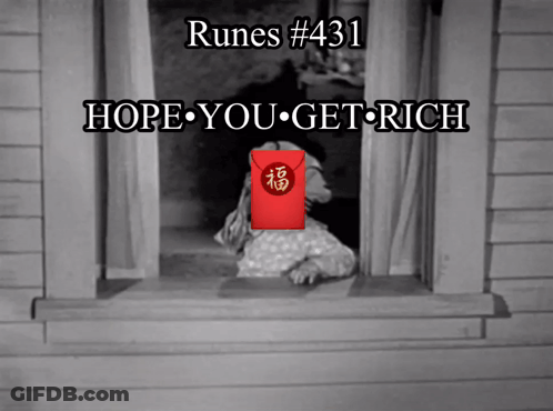 A Black And White Photo Of A Dog Looking Out A Window With The Words Runes # 431 Hope You Get Rich Above It GIF