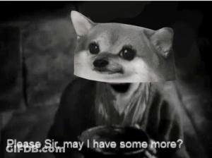 A Black And White Photo Of A Dog With A Paper Bag On Its Head And The Words Please Sir May I Have Some More GIF