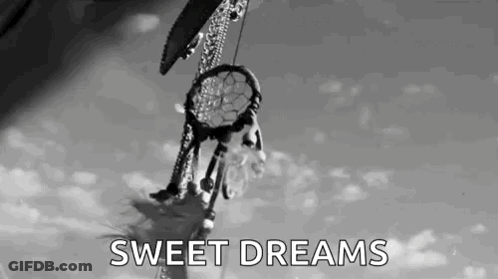 A Black And White Photo Of A Dream Catcher Hanging From A Tree With The Words `` Sweet Dreams '' Written Below It . GIF