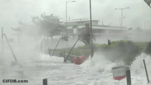 A Black And White Photo Of A Flooded Area With A Sign That Says ' N ' On It GIF