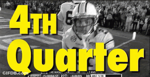 A Black And White Photo Of A Football Player With The Words " 4Th Quarter " Above Him GIF