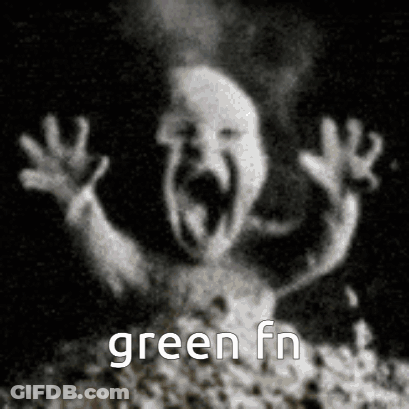A Black And White Photo Of A Ghost With A Screaming Face And The Words `` Green Fn '' Below It . GIF