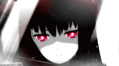 A Black And White Photo Of A Girl With Red Eyes And The Name Katekyoo On The Bottom Right GIF