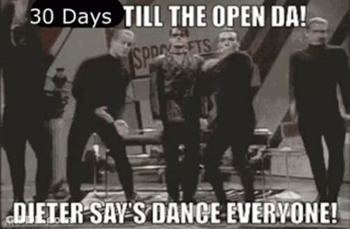 A Black And White Photo Of A Group Of Men Dancing With The Caption 30 Days Till The Open Da Dieter Say 'S Dance Everyone GIF
