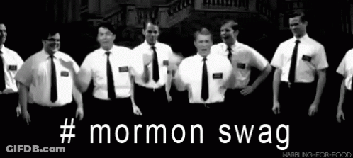A Black And White Photo Of A Group Of Men With The Words #Mormon Swag On The Bottom GIF