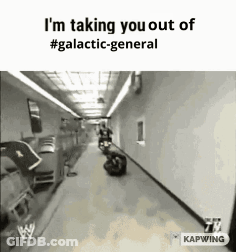 A Black And White Photo Of A Hallway With The Words `` I 'M Taking You Out Of # Galactic-General '' . GIF
