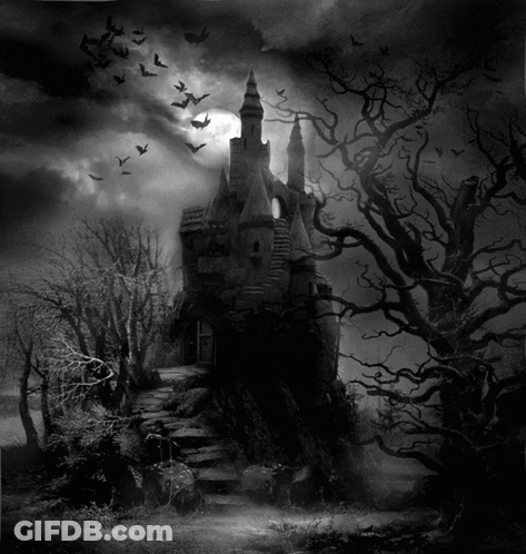 A Black And White Photo Of A Haunted Castle With Bats Flying Around It GIF