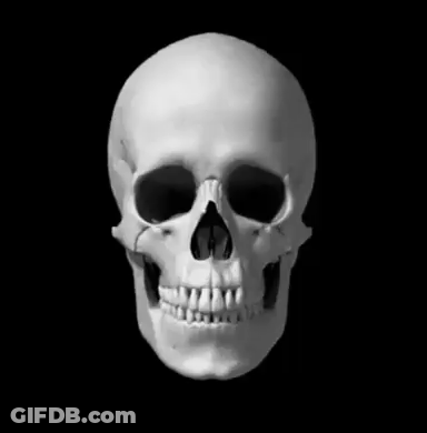 A Black And White Photo Of A Human Skull With Its Mouth Open And Teeth Showing . GIF