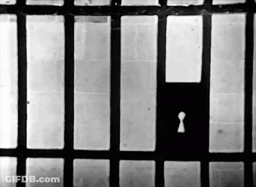 A Black And White Photo Of A Jail Cell With A Keyhole In The Middle GIF