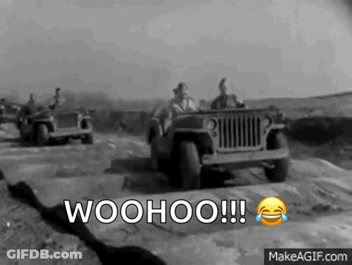 A Black And White Photo Of A Jeep With The Words Woohoo Written Above It GIF