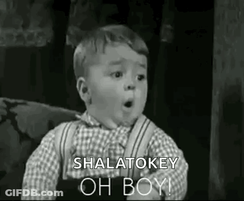 A Black And White Photo Of A Little Boy Making A Funny Face And Saying `` Shalatokey Oh Boy '' . GIF