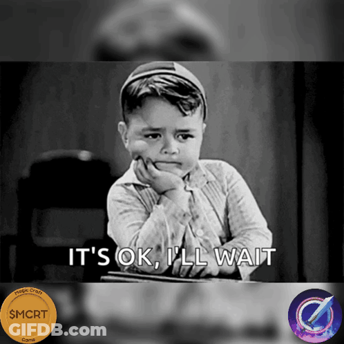 A Black And White Photo Of A Little Boy With The Words It 'S Ok I 'Ll Wait GIF