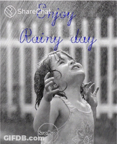 A Black And White Photo Of A Little Girl In The Rain With The Words " Enjoy Rainy Day " GIF