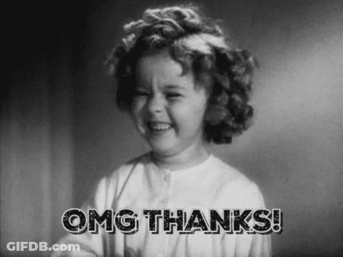 A Black And White Photo Of A Little Girl Saying `` Omg Thanks ! '' GIF