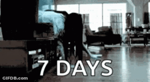 A Black And White Photo Of A Living Room With The Words 7 Days GIF