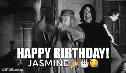 A Black And White Photo Of A Man And A Woman Dancing With The Words `` Happy Birthday Jasmine '' Written On It . GIF