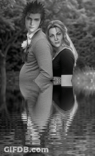 A Black And White Photo Of A Man And A Woman In The Water GIF