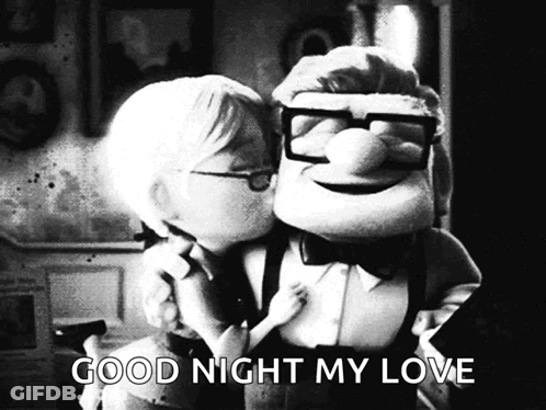 A Black And White Photo Of A Man And A Woman Kissing With The Words " Good Night My Love " Above Them GIF