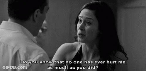 A Black And White Photo Of A Man And A Woman With The Caption " Do You Know That No One Has Ever Hurt Me As Much As You GIF