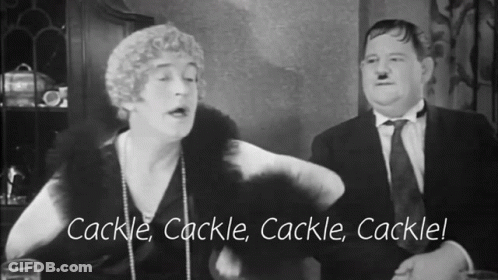 A Black And White Photo Of A Man And A Woman With The Words Cackle Cackle Cackle Cackle GIF