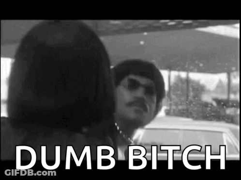 A Black And White Photo Of A Man And A Woman With The Words Dumb Bitch On The Bottom GIF