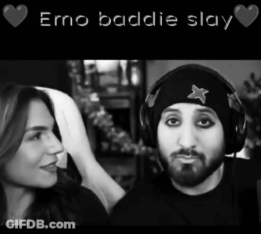 A Black And White Photo Of A Man And A Woman With The Words Emo Baddie Slay Above Them GIF