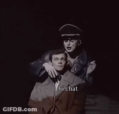 A Black And White Photo Of A Man And A Woman With The Words Hi Chat Below Them GIF
