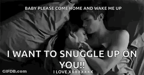 A Black And White Photo Of A Man And Woman Hugging In Bed With The Caption I Want To Snuggle Up On You . GIF