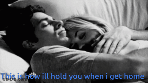 A Black And White Photo Of A Man And Woman Hugging With The Words " This Is How Ill Hold You When I Get Home " GIF
