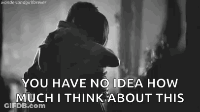 A Black And White Photo Of A Man And Woman Hugging With The Words `` You Have No Idea How Much I Think About This '' GIF