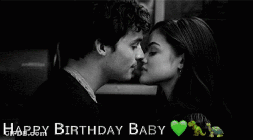 A Black And White Photo Of A Man And Woman Kissing With The Words " Happy Birthday Baby " Above Them GIF