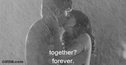A Black And White Photo Of A Man And Woman Kissing With The Words Together Forever Below Them GIF