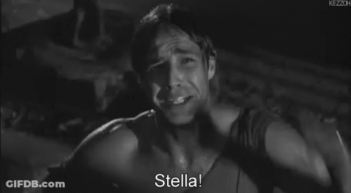 A Black And White Photo Of A Man Crying With The Words `` Stella '' Written Above Him . GIF