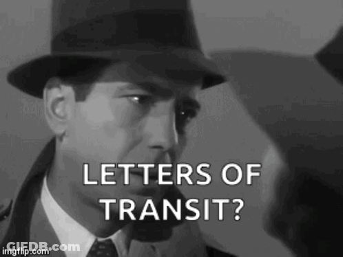 A Black And White Photo Of A Man In A Hat And Tie Asking Letters Of Transit . GIF