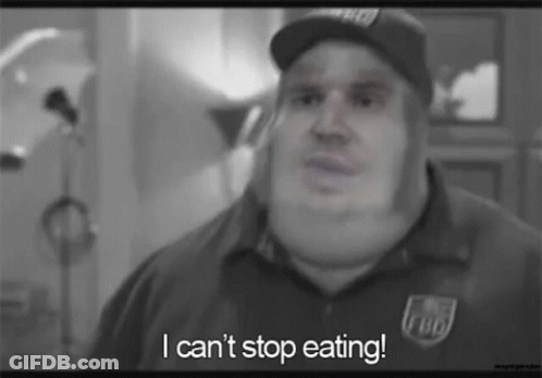 A Black And White Photo Of A Man In A Hat Saying `` I Can 'T Stop Eating '' GIF