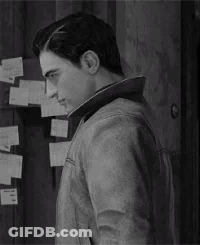 A Black And White Photo Of A Man In A Leather Jacket Standing In Front Of A Wall Covered In Sticky Notes . GIF