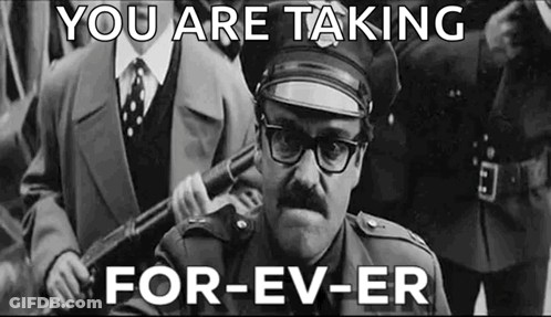 A Black And White Photo Of A Man In A Police Uniform Holding A Gun With The Caption `` You Are Taking For-Ev-Er '' GIF