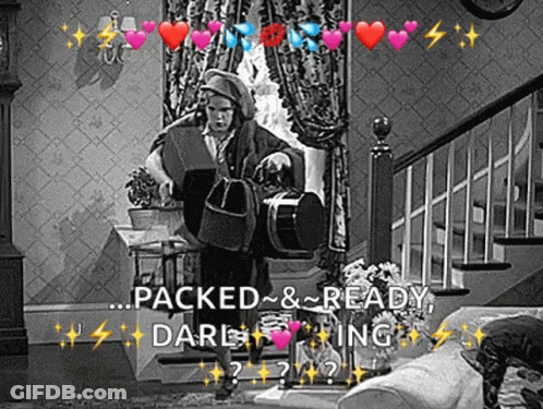 A Black And White Photo Of A Man In A Room With The Words Packed And Ready . GIF