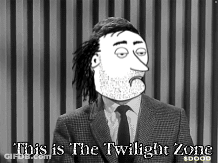 A Black And White Photo Of A Man In A Suit And Tie Says This Is The Twilight Zone GIF
