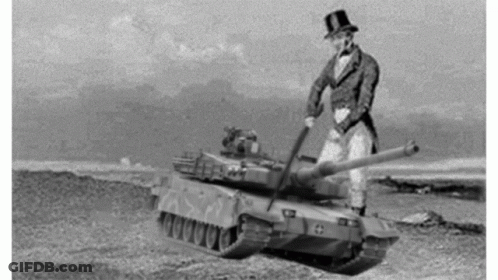 A Black And White Photo Of A Man In A Top Hat Standing Next To A Tank GIF
