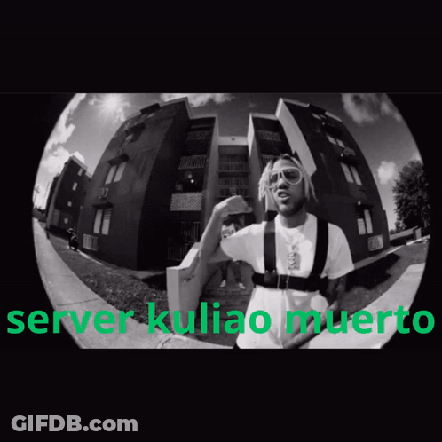 A Black And White Photo Of A Man In Front Of A Building With The Words Server Kuliao Muerto GIF