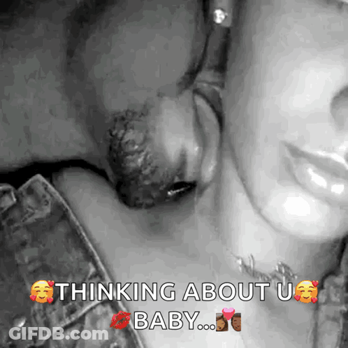 A Black And White Photo Of A Man Kissing A Woman 'S Neck With The Caption " Thinking About U Baby " GIF