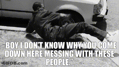 A Black And White Photo Of A Man Laying On The Ground With The Caption " Boy I Don T Know Why You Come Down Here Messing GIF