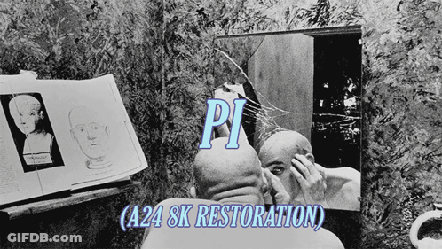 A Black And White Photo Of A Man Looking At Himself In A Mirror With Pi Written In Blue GIF
